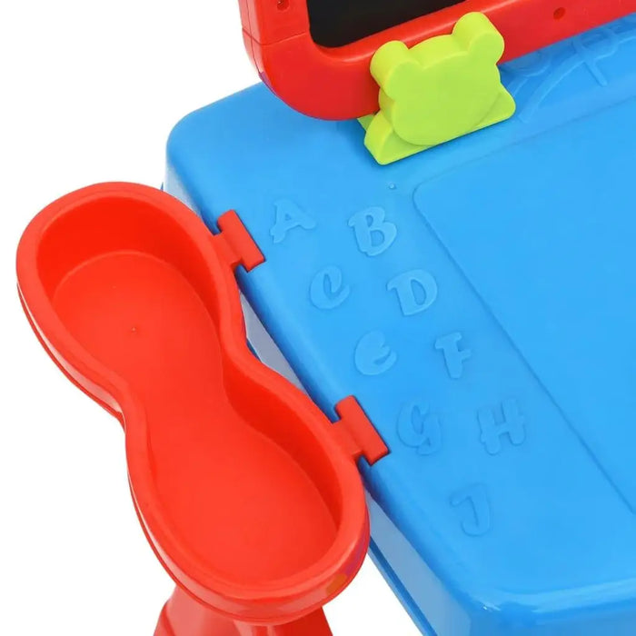 Close-up of blue and red children's learning easel with magnetic alphabet letters