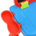Close-up of blue and red children's learning easel with magnetic alphabet letters