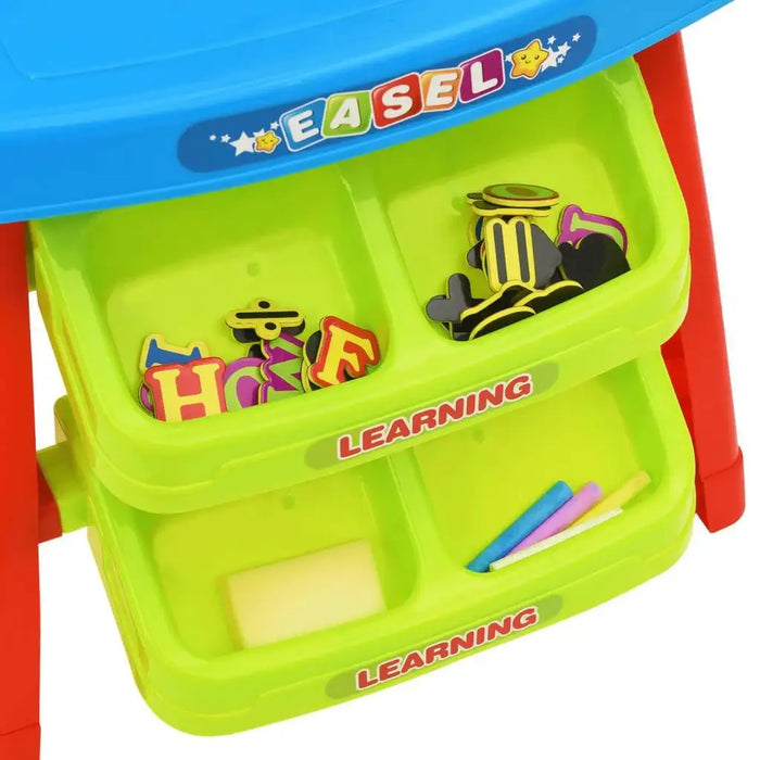 Children’s learning easel with colorful magnetic letters, chalk, and storage trays