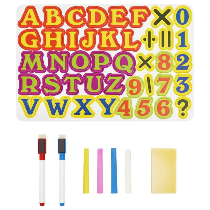 Children's learning set with magnetic letters, numbers, markers, chalk, and eraser