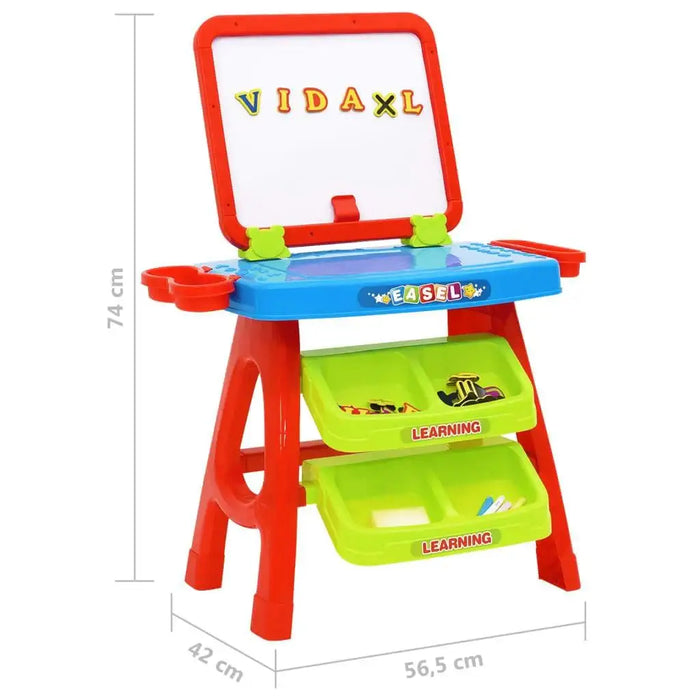 Children's learning easel with magnetic letters, storage trays, and measurement labels