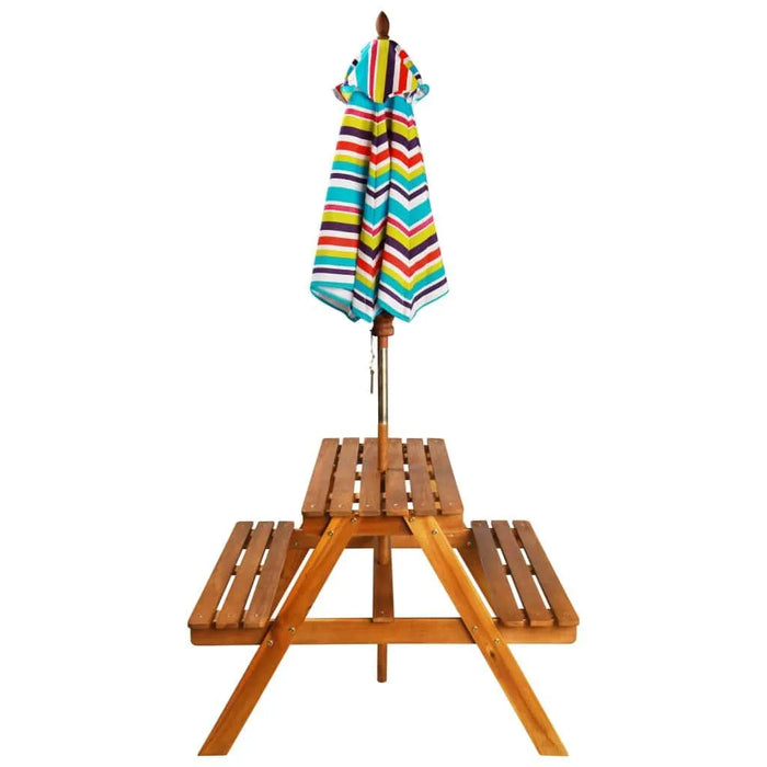 Children's wooden picnic table with colorful striped parasol, outdoor play furniture