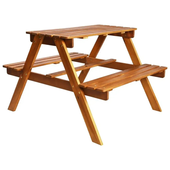 Children's wooden picnic table with attached benches, outdoor play furniture.