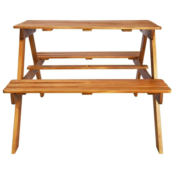 Children's wooden picnic table with attached benches, outdoor play furniture