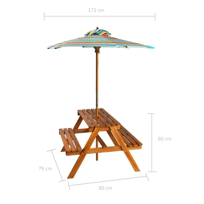 Children's wooden picnic table with striped parasol, outdoor play furniture, size dimensions shown