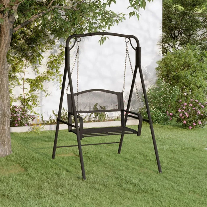 Black metal swing bench with steel frame in a garden, outdoor weather-resistant furniture