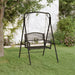 Black metal swing bench with steel frame in a garden, outdoor weather-resistant furniture