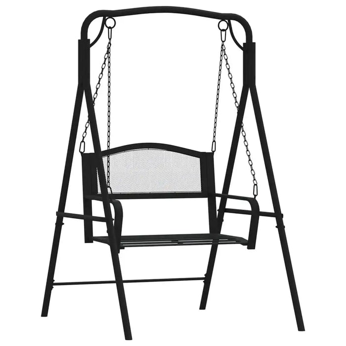 Black metal swing bench with steel frame and chain supports, weather-resistant design