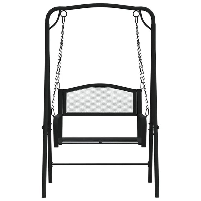 Black metal swing bench with steel frame and weather-resistant mesh backrest
