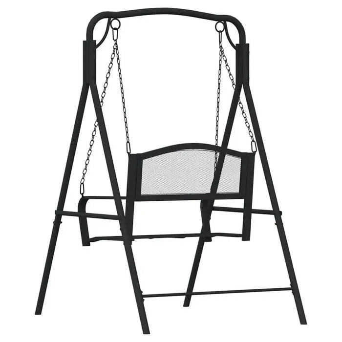 Black metal swing bench with mesh seat and back, steel frame, weather-resistant finish
