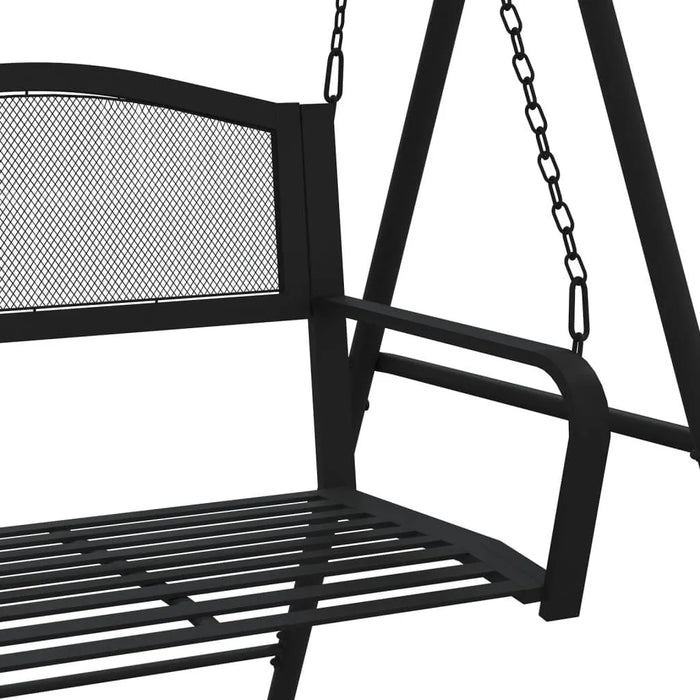 Black metal swing bench with mesh backrest, sturdy steel frame and hanging chains