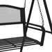 Black metal swing bench with mesh backrest, sturdy steel frame and hanging chains