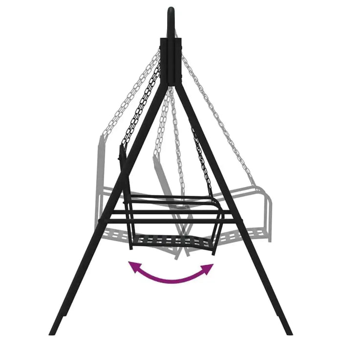 Black steel metal swing bench with weather-resistant construction and sturdy chains