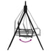 Black steel metal swing bench with weather-resistant construction and sturdy chains