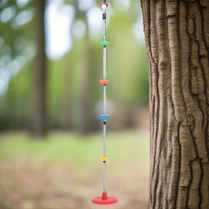 Climbing rope swing with colorful platforms and red disc seat hanging from a tree outdoors
