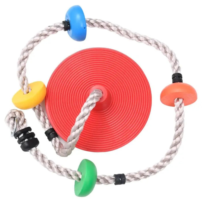 Colorful kids climbing rope swing with red disc seat and plastic platforms
