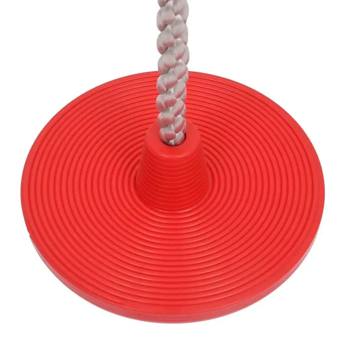 Red climbing rope swing with disc seat for kids, textured platform, outdoor playground toy
