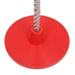 Red climbing rope swing with disc seat for kids, textured platform, outdoor playground toy
