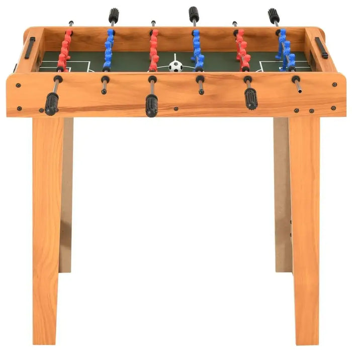 Maple compact professional football table with black handles, red and blue players
