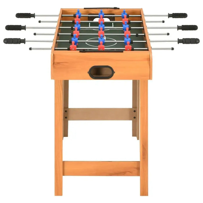 Compact professional maple football table with blue and red players, black handles, wood legs