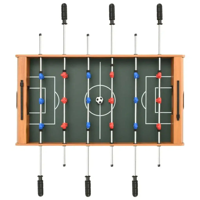 Compact professional maple football table with blue and red players, top view