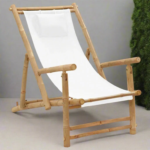 Deck Chair in Bamboo and Canvas Cream White - Little and Giant Explorers vidaXL