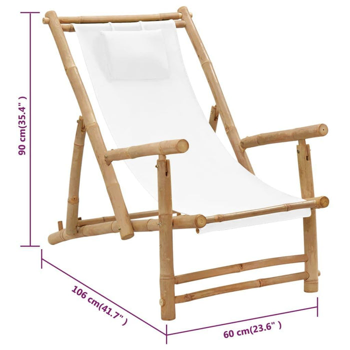 Deck Chair in Bamboo and Canvas Cream White - Little and Giant Explorers vidaXL