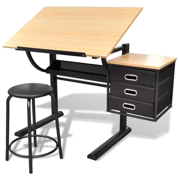 Drawing table with tiltable worktop, three black drawers, and matching black stool