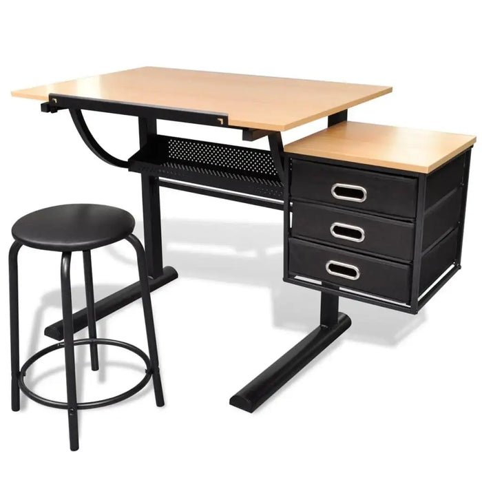 Drawing table with tiltable worktop, three drawers, and black metal stool