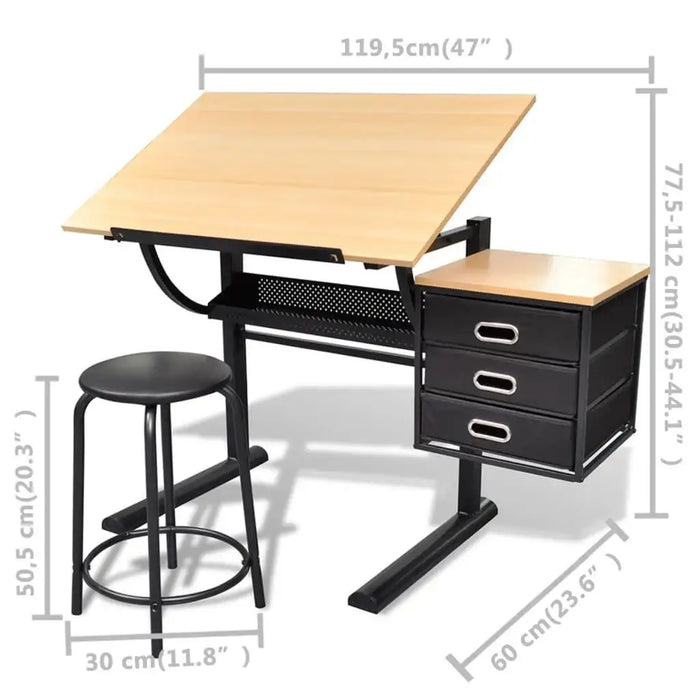 Tiltable drawing table with three drawers, black stool, and measurement labels