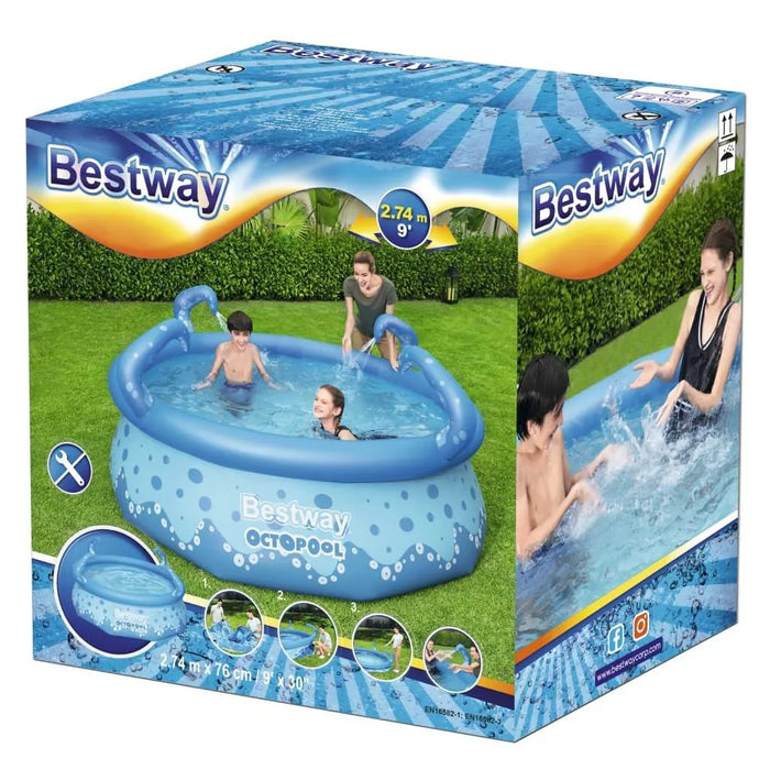 Bestway Octopool inflatable pool with tentacle sprayers, kids and adults playing, box on grass.