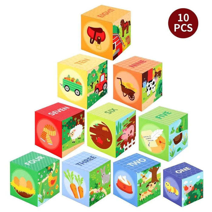 Montessori stacking cubes set of 10 with colorful animal and farm illustrations for kids