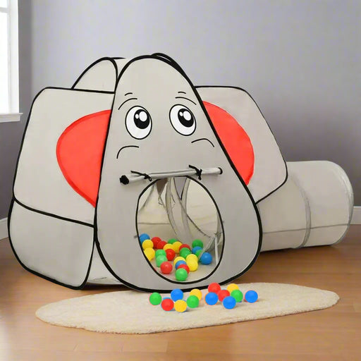 Grey elephant play tent with tunnel and colorful balls on wooden floor in kids room