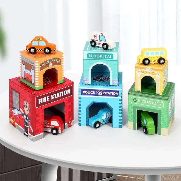 Colorful stacking cubes and toy vehicles for kids featuring fire station, hospital, police station, school, and recycling center.