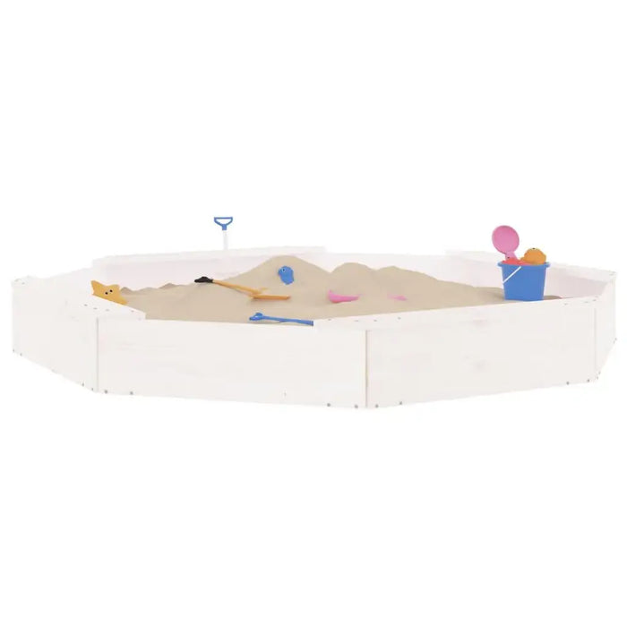 Extra large square wooden sandbox with white finish, sand toys and bucket inside