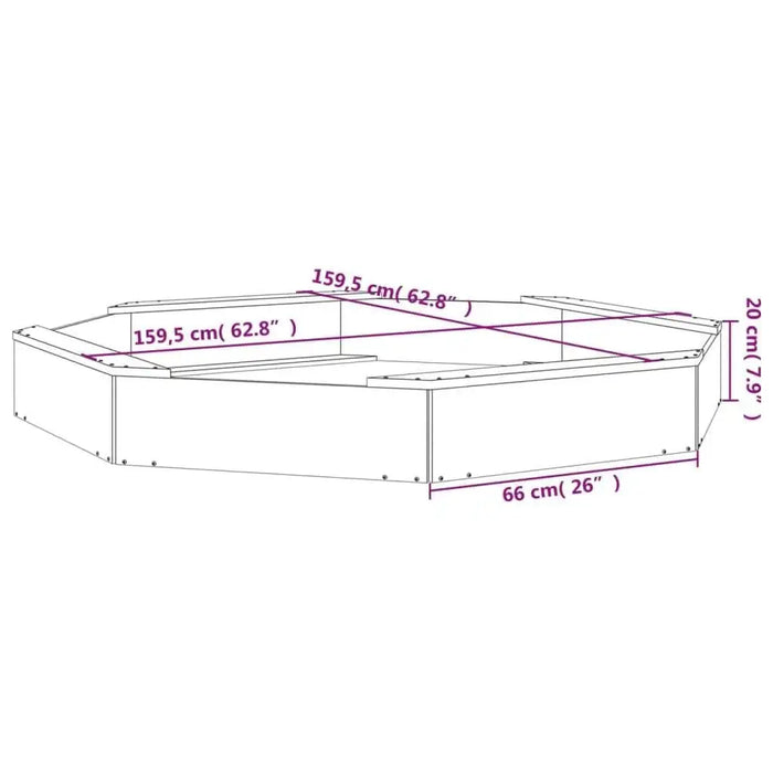 Diagram of extra-large square wooden sandbox with 4 seats, 159.5x159.5x20 cm dimensions