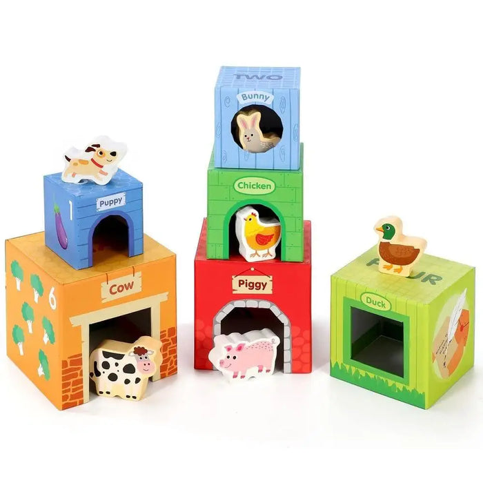 Farm animal stacking cubes toy with colorful blocks, numbers, and animal figures