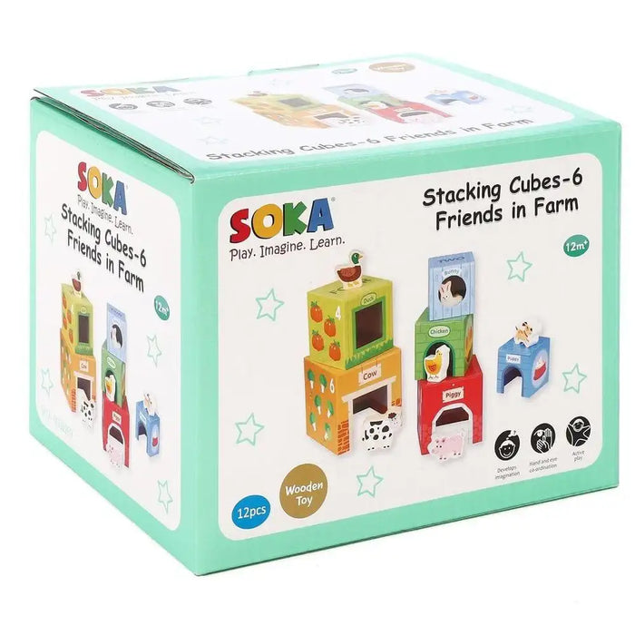 SOKA stacking cubes toy box featuring farm animals, colors, numbers, and wooden blocks.