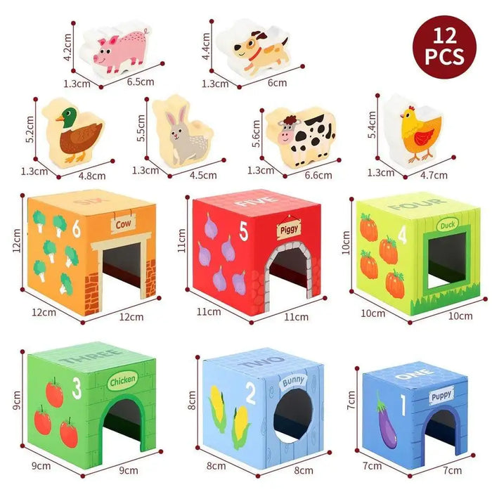 Farm animal stacking cubes toy set with colorful cubes, animal figures, and size measurements.