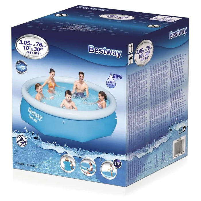 Bestway Fast Set inflatable pool 305x76cm packaging with family in pool, 3800L capacity