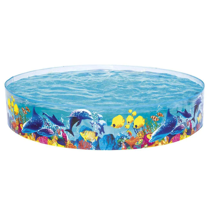 Round kids pool with colorful coral reef and ocean animals design, filled with water