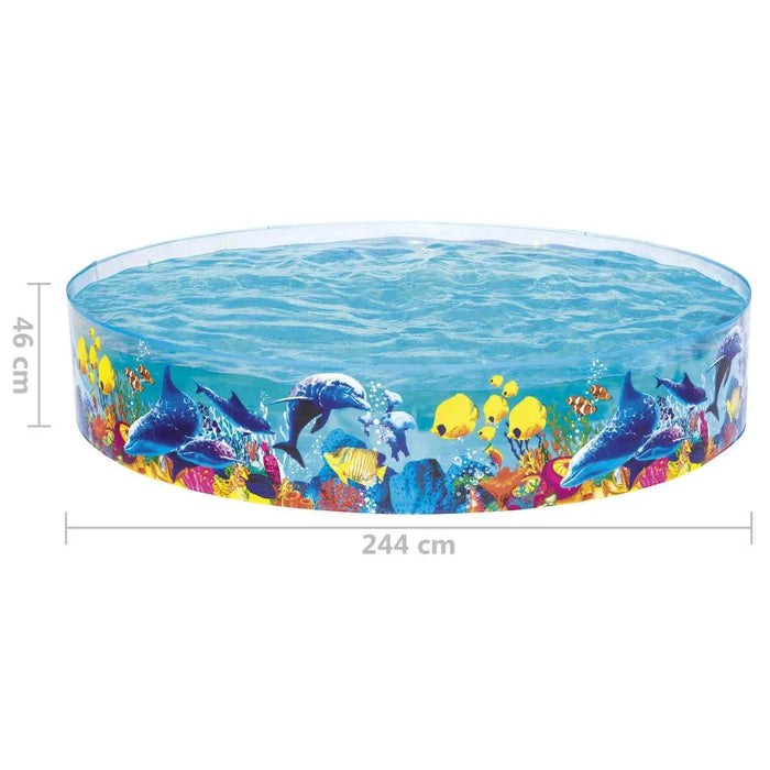 244 x 46 cm round kids pool with colorful coral reef and sea life design, filled with water