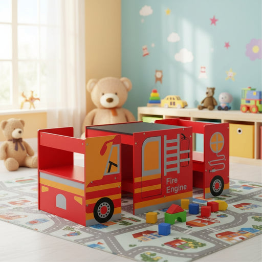Children's fire truck play table and chairs set with colorful building blocks in bright playroom