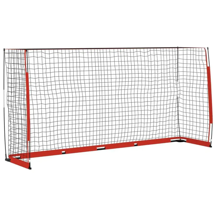 Foldable football goal with black net and red steel and fiberglass frame