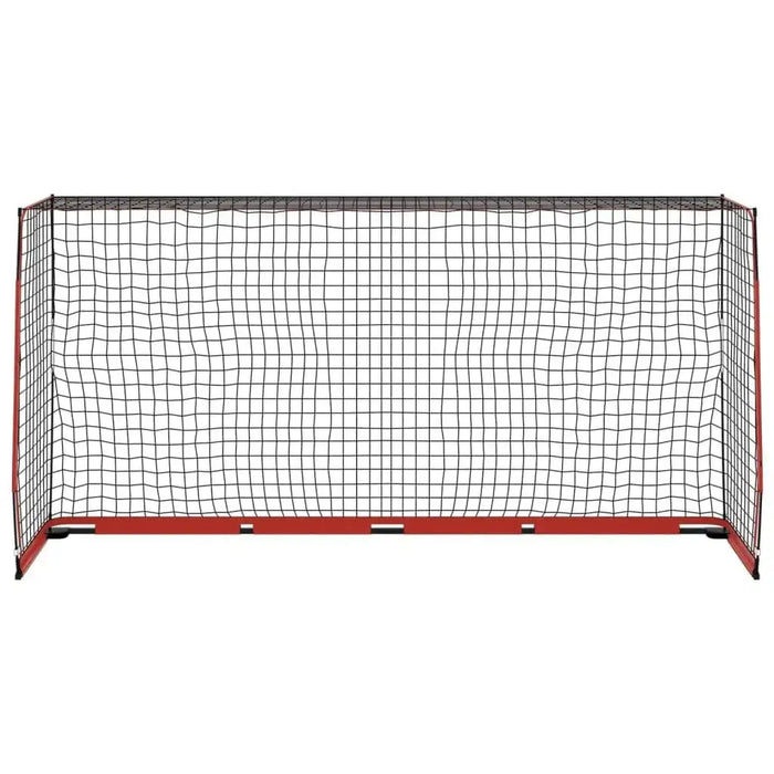 Foldable football goal with black and red steel frame and net, isolated on white background.
