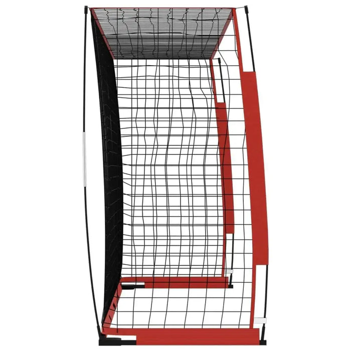 Foldable football goal with black and red frame and net, steel and fibreglass construction