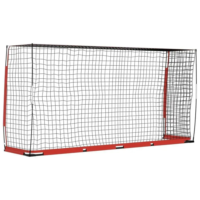 Foldable football goal with black net, red and black steel frame on white background
