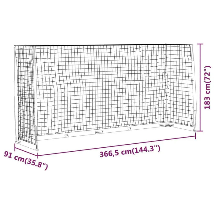 Foldable football goal with net, 366.5x183x91 cm, black and red frame, size dimensions shown