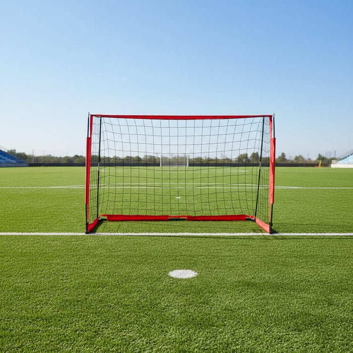 Foldable portable football goal with red frame on green soccer field