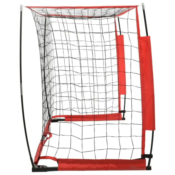 Foldable portable football goal with red frame, black net, steel and fiberglass construction